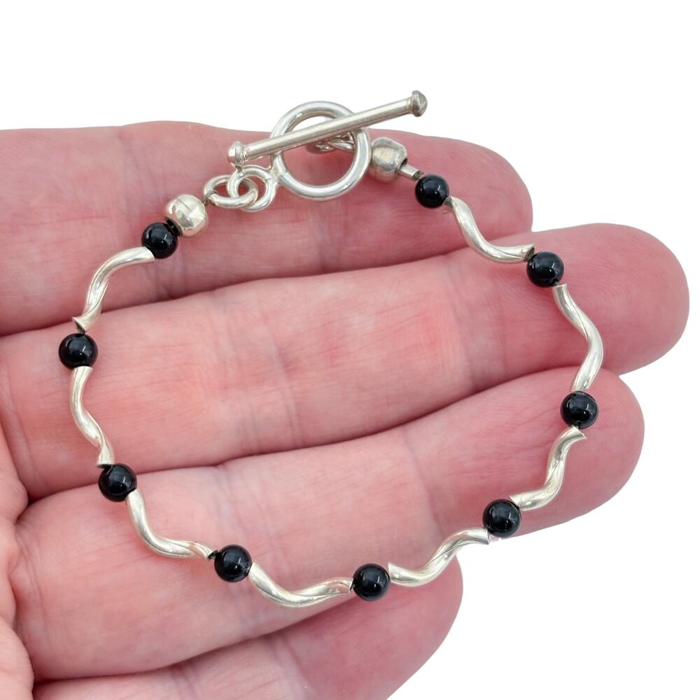Vintage Sterling Silver 925 Black Onyx Wavy Bracelet 6.5"